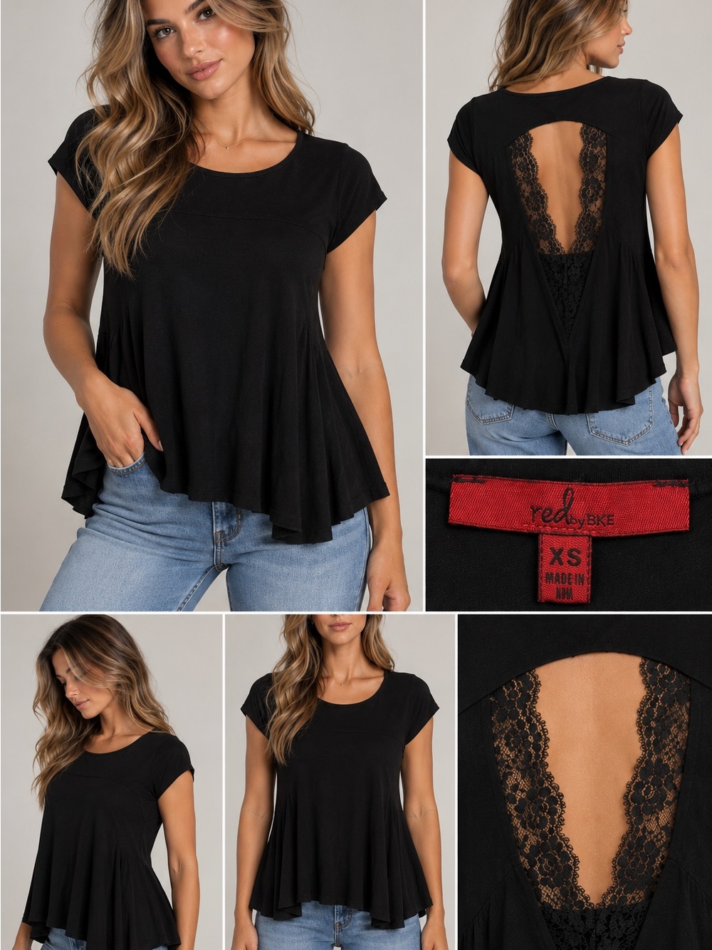 red by BKE Black Short Sleeve Tee with Lace Back Detail